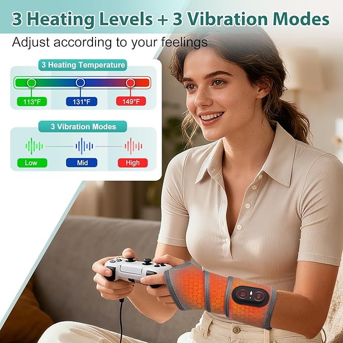 Wrist Heating Pad with Massage Cordless Wrist Hand Heating Pad for Pain Relief Red Light Heated Wrist Wrap with 3000mAh Battery Vibration and Adjustable Heat Settings - Left Right Hand
