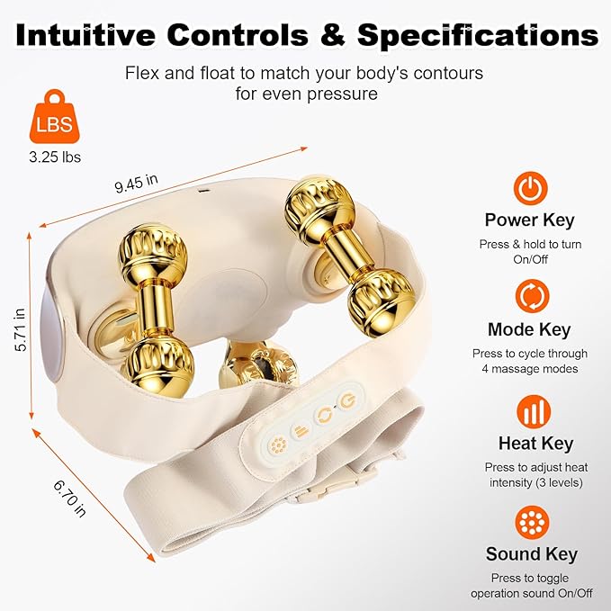 Neck and Shoulder Massager with Heat - Elegant Champagne Gold Massager with 4D Human-Like Shiatsu Grasping Hands-Free Design Soothing Warm Heat Cordless Relaxation Gift for Women &amp Men