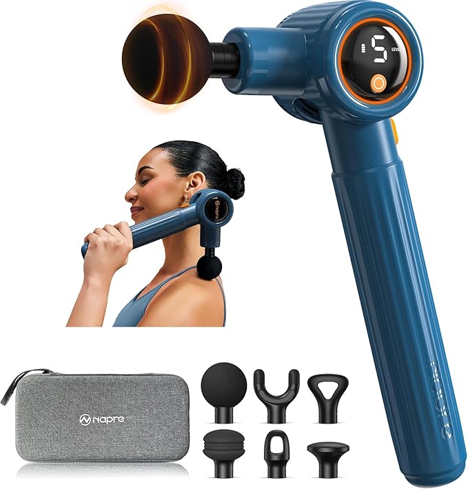 NAPRE Massage Gun with Extension Handle &amp Adjustable AnglesDeep Tissue Back Massage for Neck/Shoulders/Waist/Legs/Body Pain ReliefHandheld Percussion Muscle Massager6 Heads &amp Silentwith Ca