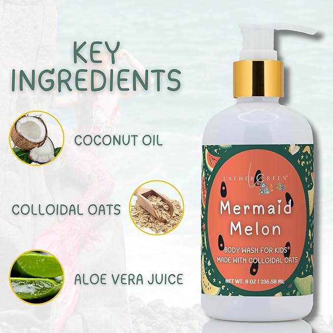 Kids Body Wash – Plant Based Gentle Moisturizer with Shea Butter – Safe for Sensitive Skin – Mermaid Melon – 3 Pack (8 oz Each)