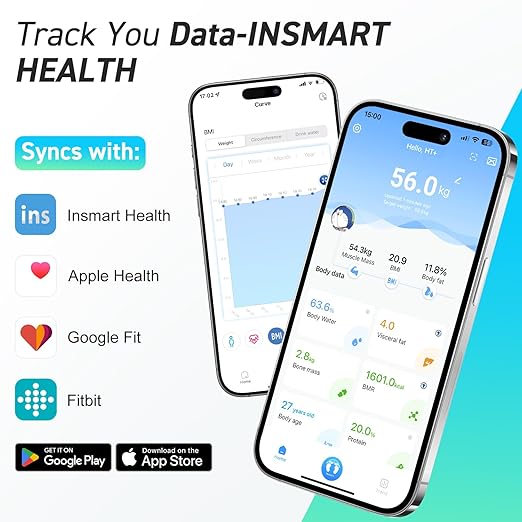 INSMART Smart Scale for Body WeightAccurate Digital Bathroom Scale12x12 inches Large Platform Bluetooth Body Fat Scale with BMI16 Body Composition Weight Scale Health Monitor Analyzer with Sync APP