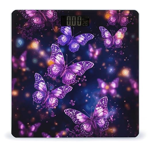 Purple Cute Butterfly Print Scale for Body Weight High Precision Digital Weight Scales with LCD Display Anti-Slip Sturdy Slim Tempered Glass Bathroom Scale for Home Use