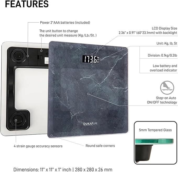 DUKAP Life Digital Bathroom Body Weight Scale with LCD Display Backlight Highly Accurate Weight Scale for Family Use and Weight up to 400 lbs (Grey Quartz)