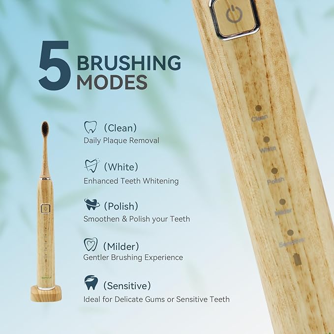 Bamboo Electric Toothbrush Sonic Electric Bamboo Toothbrush for Adults IPX7 Waterproof Rechargeable Toothbrush 5 Cleaning Modes 4 Bamboo Brush Heads Soft Bristle