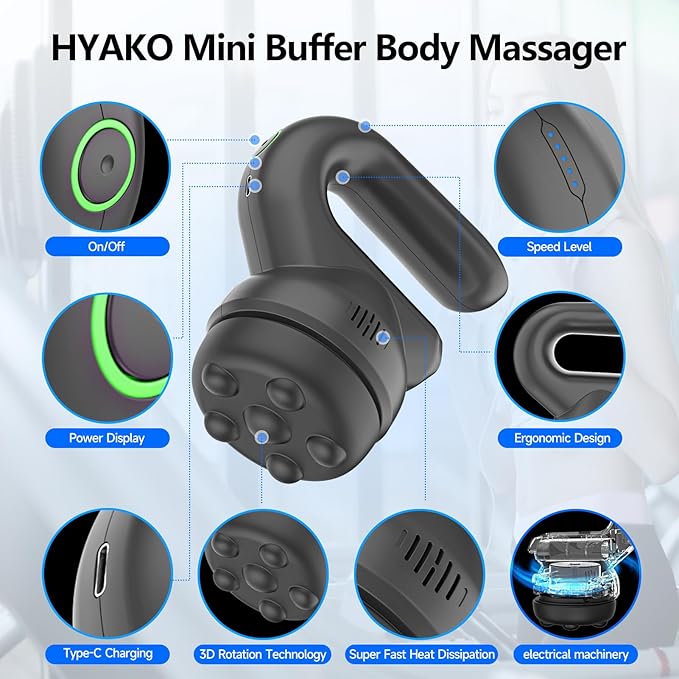 HYAKO Handheld Professional Mini Orbital Buffer Relief Massager Adjustable Multi-Speed Vibration Deep Tissue Body Chiropractic Massager for Neck Shoulder LegBack muscle pain relief massage therapy