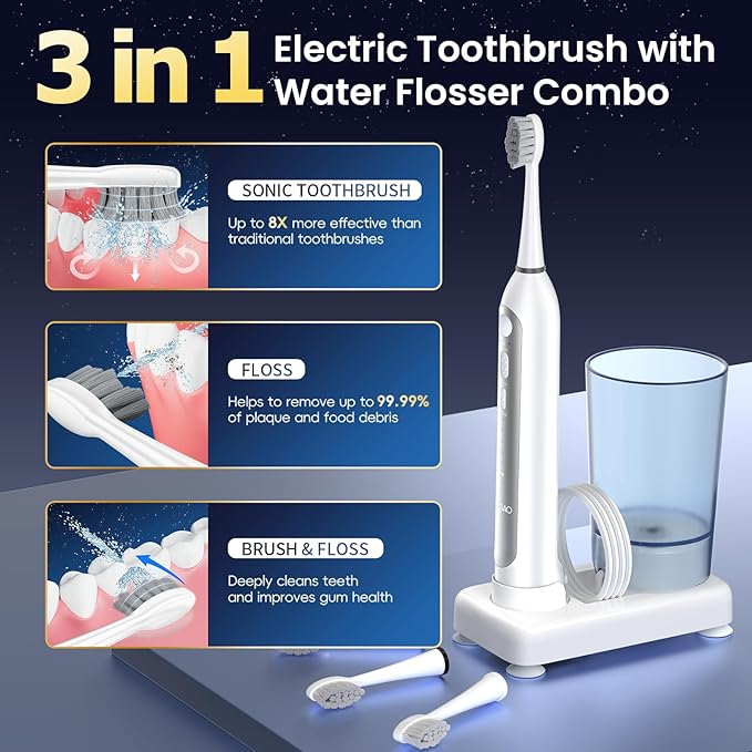Electric Toothbrush with Water Flosser 3 Sonic Toothbrush Modes &amp 5 Water Pressures Rechargeable &amp Portable for Adult Teeth Cleaning and Plaque Removal IPX7 Waterproof 30-Day Battery