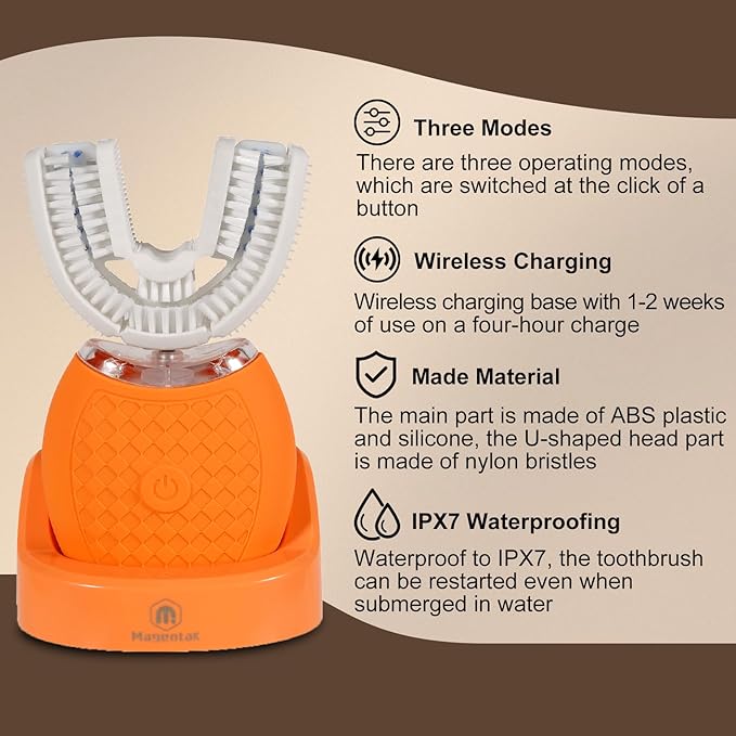 Electric U Shaped Toothbrush for Adult360 Degree Automatic Cleaning Ultrasonic Tooth Brush has 23760 Nylon Bristles and 3 Modes Standard Fast Ultra Fast(Orange)