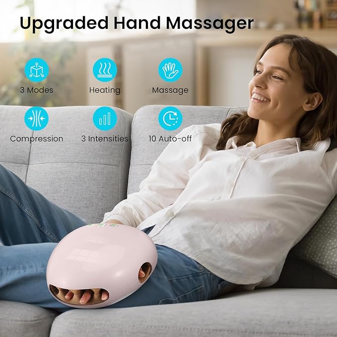 Hand Massager with Heat and Compression for Arthritis and Carpal Tunnel Relief at Home Portable Electric Cordless Hand Massager with 3 Heat Levels &amp 3 Compression Levels Gifts for Women - Pink
