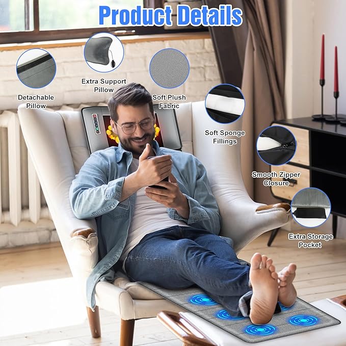 Full Body Massage Mat with HeatElectric Massage Pad with Shiatsu Neck Back Massage PillowMassage Mattress Chair Pad W/ 10 Vibration Motors 3 Heating Levels for NeckBack&ampFull Body Pain Relief