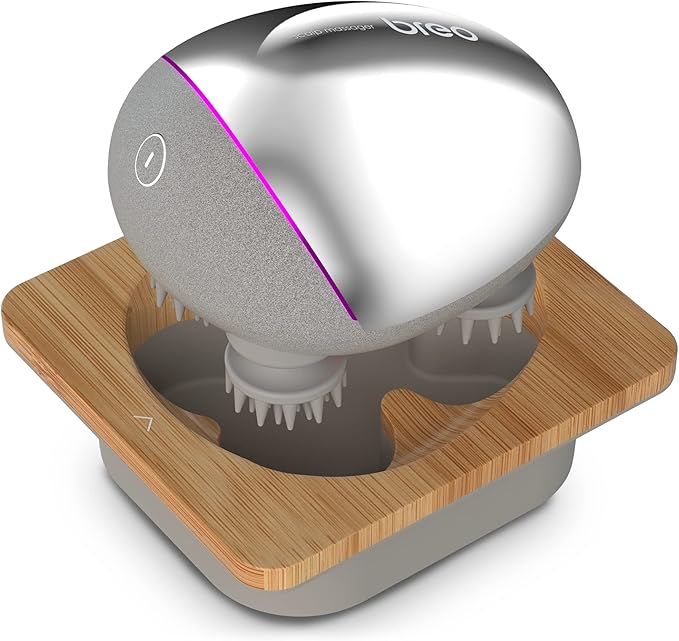 Breo Portable Mini Scalp Massager – IPX7 Waterproof Rechargeable Head Massager for Scalp Relax Stress Relief Tool with Bamboo Wood Charging Base Removable Massage Nodes (Silver with Base)
