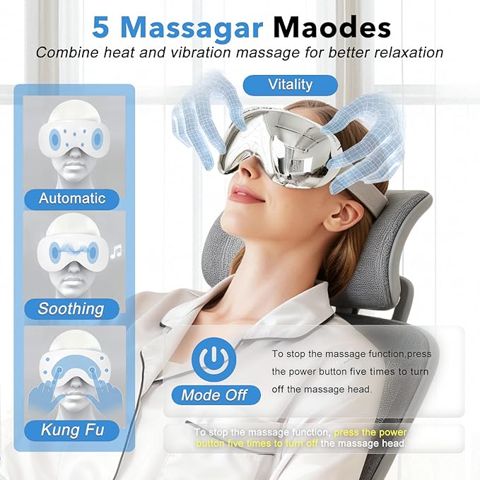Eye Massager with Heat and Cooling for Migraines – 14 Massage Nodes for Eye Strain Relief Rechargeable Bluetooth Music Improve SleepEye Strain Relief Birthday Gifts for Women and Men(sliver)