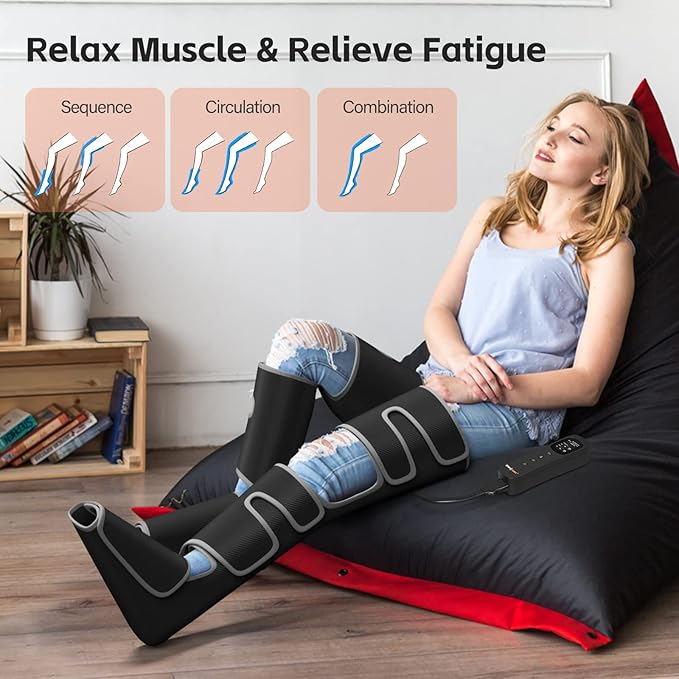 SHINE WELL Leg Massager with Heat and Compression for Circulation 3 Heat 3 Modes 3 Intensities for Pain Relief and Swelling Foot and Leg Compression Massager