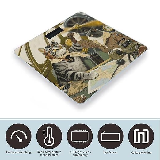 Cat in Vintage Plane Scale for Body Weight Sturdy Tempered Glass Weighing Scales with LCD Display Accurate Digital Bathroom Scale Convenient Body Fat Smart Scales Easy Read