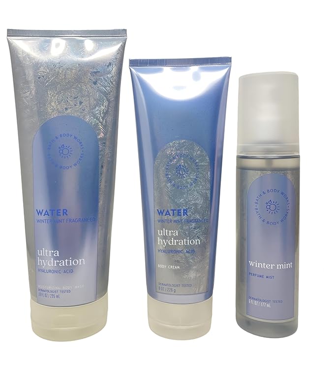 Bath &amp Body Works Water Winter Mint Moisturizing Body Wash Body Cream and Perfume Mist with a Himalayan Salts Springs Sample Soap