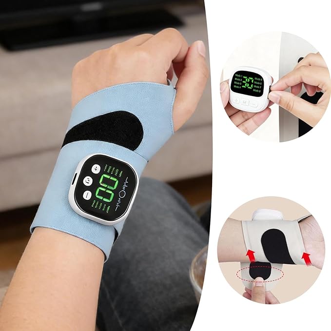 Rechargeable Electric Wrist Massager Portable Hand Heating Pad with 8 Modes &amp 30 Intensity Levels Wrist Massage Machine Wearable Hand Heating Pad for Daily &amp Sports (White) (Blue)