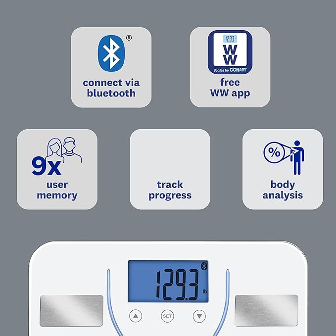 Weight Watchers Scales by Conair Bathroom Scale for Body Weight Glass Digital Scale Body Analysis Measures Body Fat Body Water BMI Bone Mass &amp Muscle Measures Weight up to 400 Lbs White