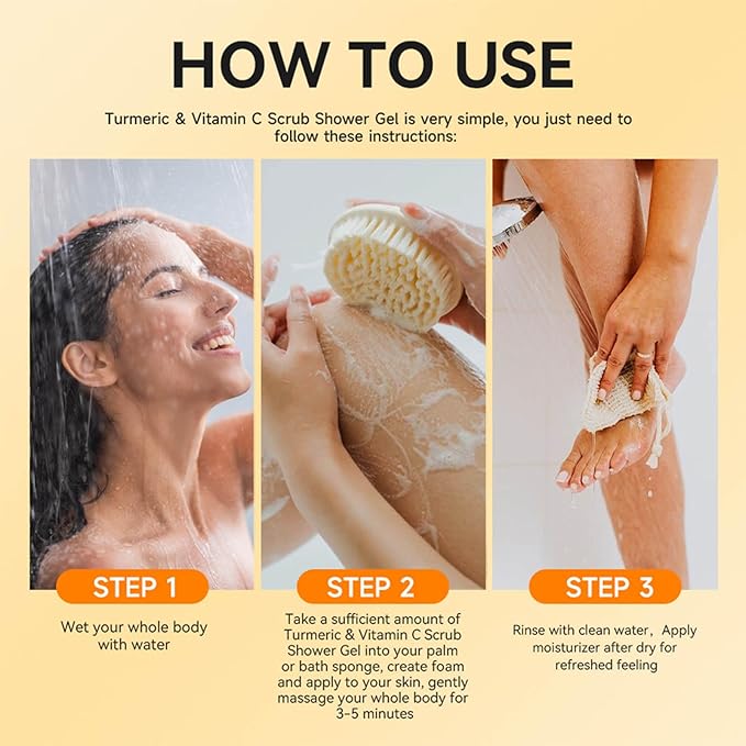 Turmeric Vitamin C Scrub Body Wash - Moisturizing Hydrating Exfoliating Body Wash Deep Cleansing Evens Skin Tone Improves Texture Gentle Exfoliating Shower Gel for All Skin Types 17.58 oz