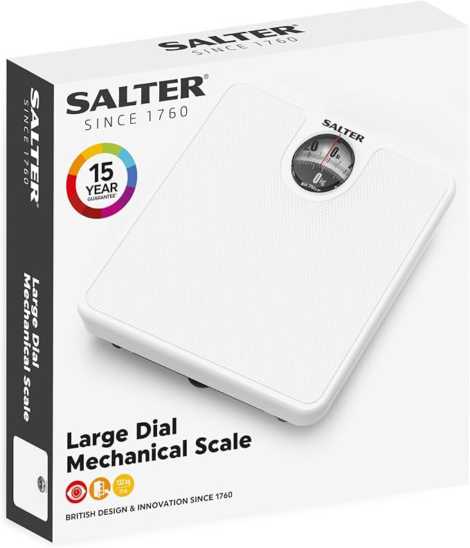 Salter 489JS WHDR Mechanical Bathroom Scales Easy to Read Display with Magnified Lens Measures Precise Weight in Stones and Kilograms No Batteries Required White