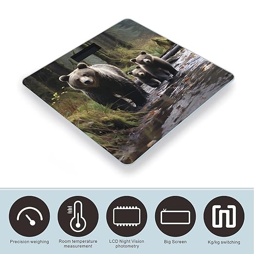 Mother Bear and Her Cubs Weight ScaleClear LED Display Bathroom Digital Weighing ScaleTempered Glass Digital Bathroom Scale for Body Weight Capacity Up to 400 Lbs