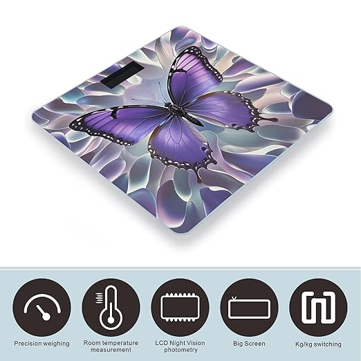 Beautiful Purple Butterfly Art Bathroom Scale for Body Weight with High Precision Large LCD Backlight Display Digital Weighing Scale with BMI Capacity Up to 180kg