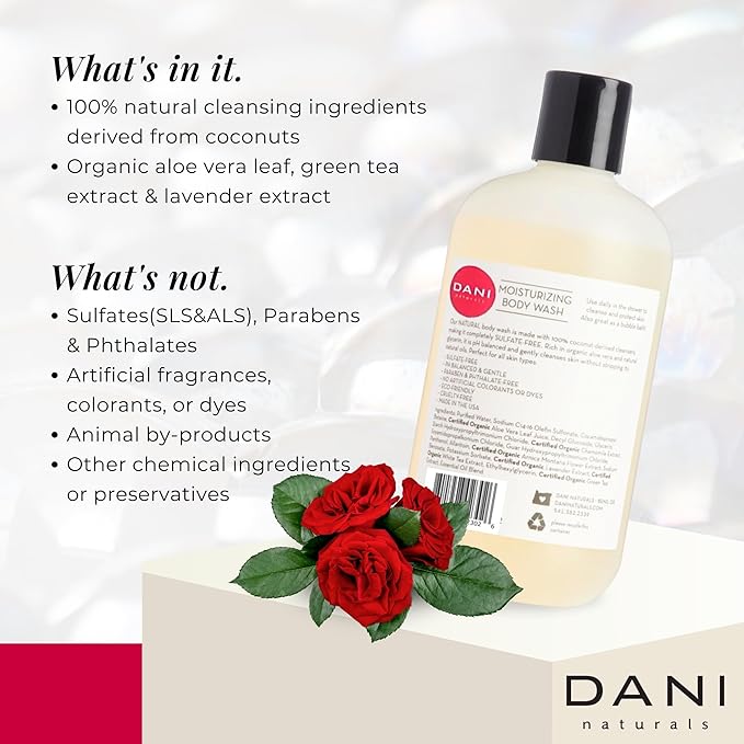 DANI Naturals Moisturizing Body Wash - Citrus Rose Scent with Organic Aloe Vera &amp Natural Glycerin - Paraben &amp Sulfate-Free Shower Gel - 12 oz - Vegan &amp Cruelty-Free