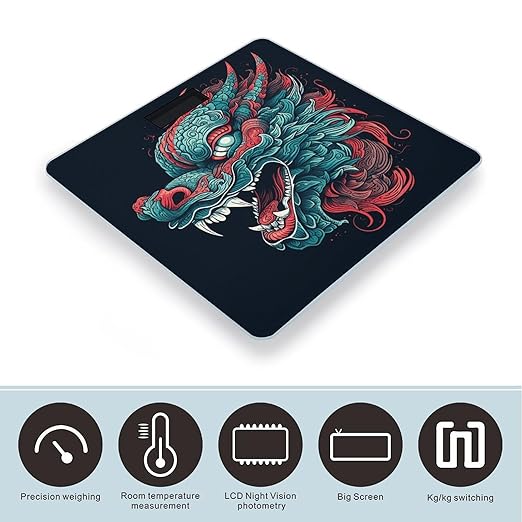 Dragon Head Pattern Scale for Body Weight Anti-Slip Tempered Glass Digital Bathroom Scales Clear LCD Display Weighing Scale Safe Rounded Corners Smart Scales