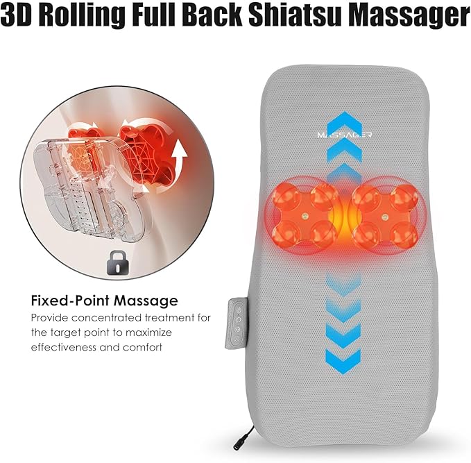 Full Back Massager 3D Pain Relief Deep Tissue Soothing Heating Electric Massage Pillow with Rolling Kneading Nodes for Home Office Car Use Gifts for Mom Dad Women Men