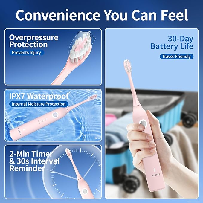 Sonic Vibrating Toothbrush with Pressure Sensor Pink Electric Toothbrush with 8 Brush Heads 3 Modes 33000VPM 2-Min Timer One Charge Lasts for 30 Days 3D Rounded Soft Bristles IPX7 Waterproof