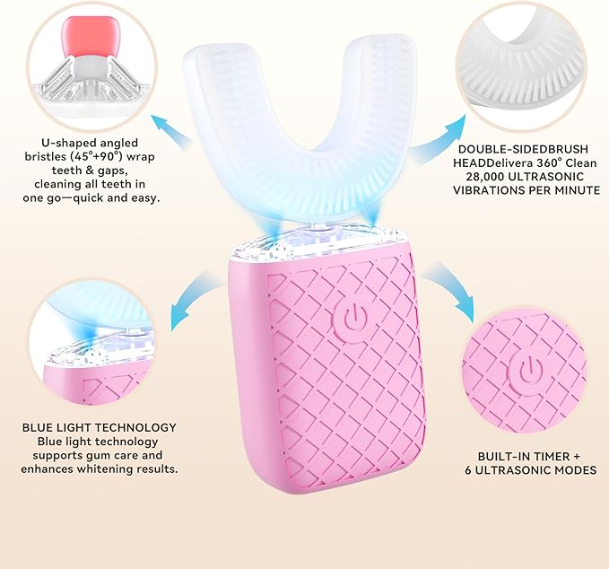 Adult Sonic Automatic Electric Toothbrush 360° Oral Cleaning Stain Whitening IPX7 Waterproof Rechargeable u-Shape Brush Head*3+Straight Handle Brush Head*2 (Pink)