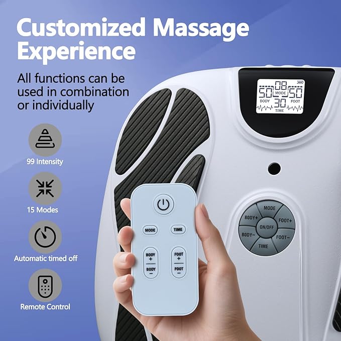 Electric Foot Massager for Neuropathy - Rechargeable EMS Foot Health Plate Machine with TENS Unit Muscle Stimulator for Plantar Fasciitis Pain Relief 15 Modes for Office Home Use Gift for Mom Dad