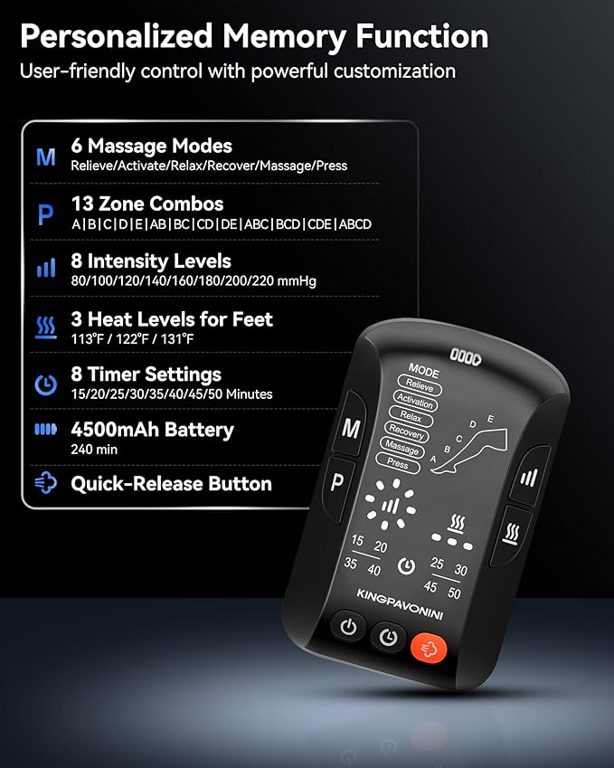 KingPavonini Cordless Leg Compression Massager with 5 Overlapping Chambers &amp 3 Foot Heat 4500mAh Leg Massager for Circulation and Pain Relief 19 Modes &amp 8 Intensities Recovery Boots for Ath