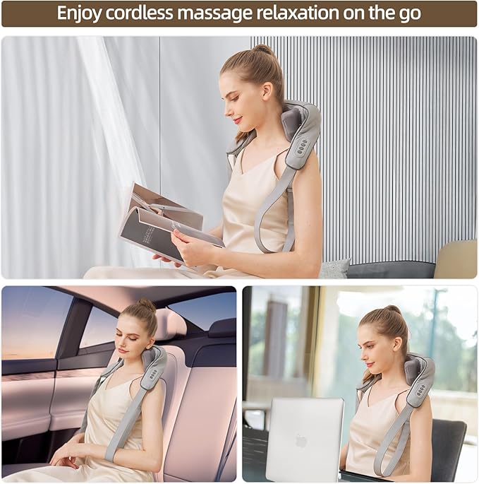 Cordless Shiatsu Neck and Shoulder Massager with Heat – 6D Kneading Massage Deep Tissue Pain Relief for Trapezius Rechargeable Brushless Motor