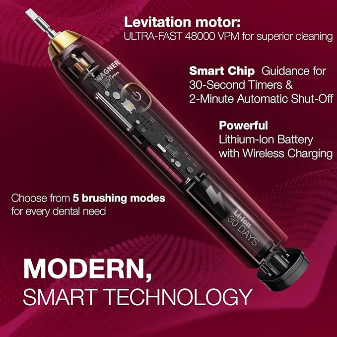 Wagner Stern The Ruby Red Edition ultrasonic whitening Electric Toothbrush Features Five Brushing Modes Eight Soft Brush Heads and a Premium Travel case.