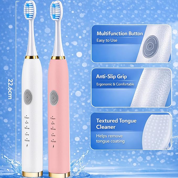 2 Pack Electric Toothbrush for Adults Travel Electric Toothbrush Includes 10 Replacement Brush Heads 5 Modes 2 Hours Charge for 45 Days (White &amp Pink)