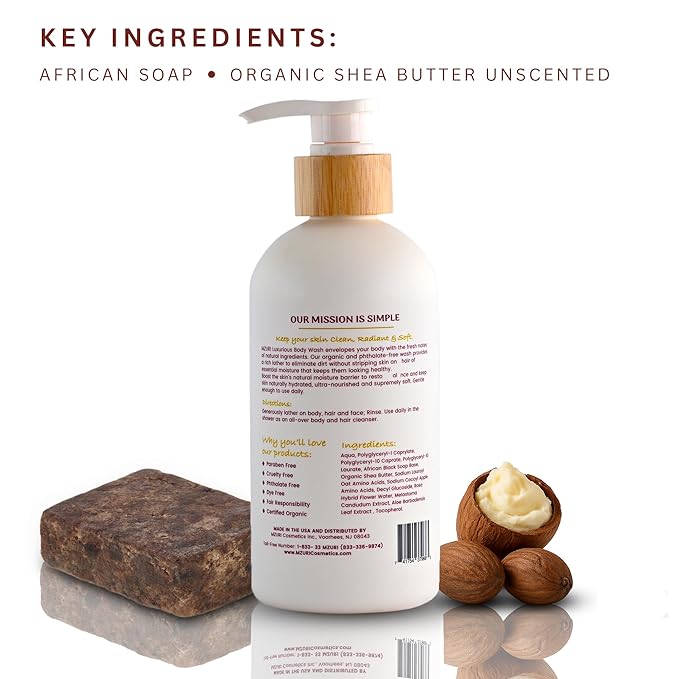 MZURI Unscented Body Wash African Black Soap Organic Shea Butter and Calendula Moisturizing Hydrating and Gentle Formula for Dry Sensitive Skin Paraben-Free Luxury Body Wash - 16 Fl. Oz