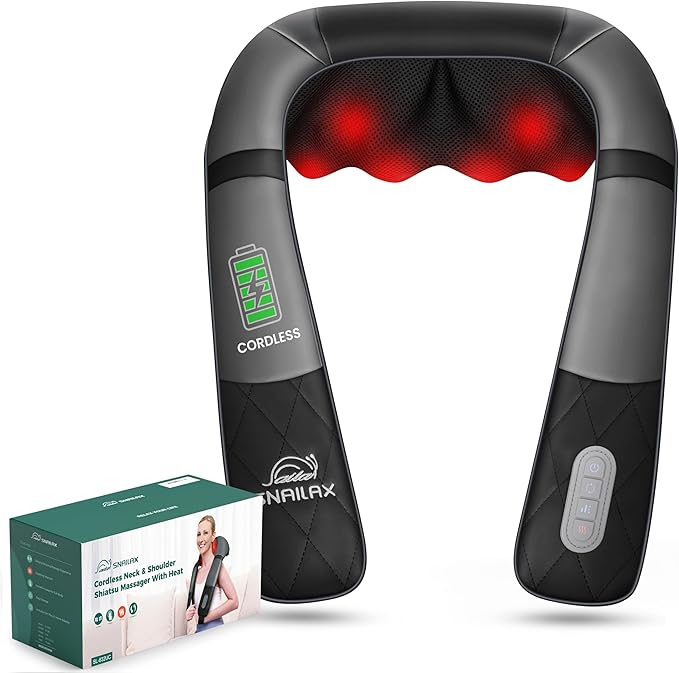 Snailax Rechargeable Neck Massager with Heat Shiatsu Back and Neck Massager Cordless Portable Deep Kneading Shoulder Massage Pillow Gifts for Dad Mom
