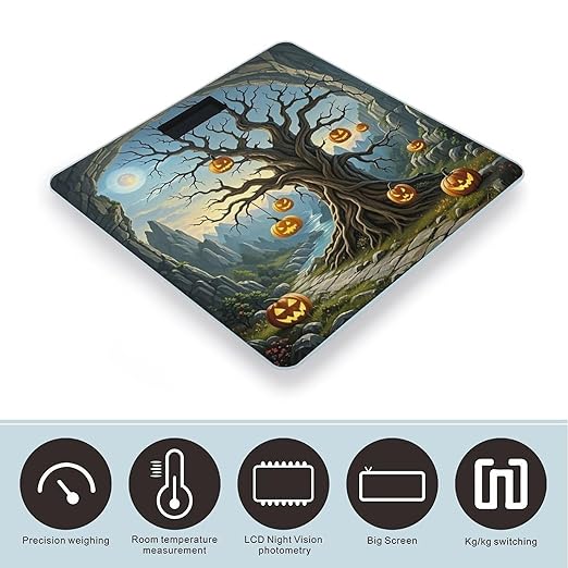 Dried Tree Pumpkin Lantern Bathroom Scale for Body Weight Bathroom Weighing Scales with Back Lit LED Display Sturdy Tempered Glass Body Weight Bathroom Scale 400lb Weighing