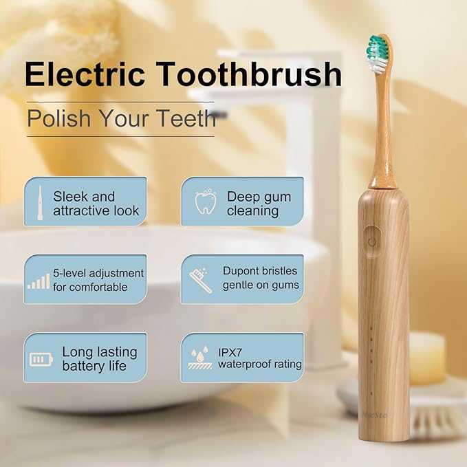 Oscillating Ultrasonic Electric Toothbrush with Bamboo Brush Heads (5 Pack) Sweeping &amp VibratingType-C Rechargeable IPX7 Waterproof 4 Modes for Optimal Oral Care - Perfect Holiday Gift