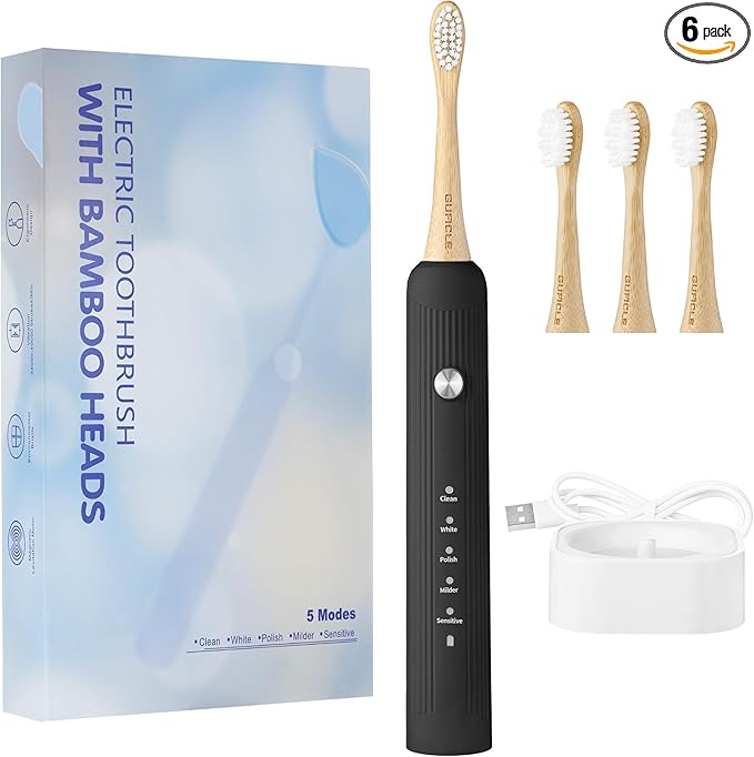 Bamboo Electric Toothbrush for Adults Electric Toothbrush with 4 Bamboo Heads Soft Castor Oil Bristles 5 Modes Smart Timer Sonic Technology IPX7 Waterproof 70-Day Battery Life-Black