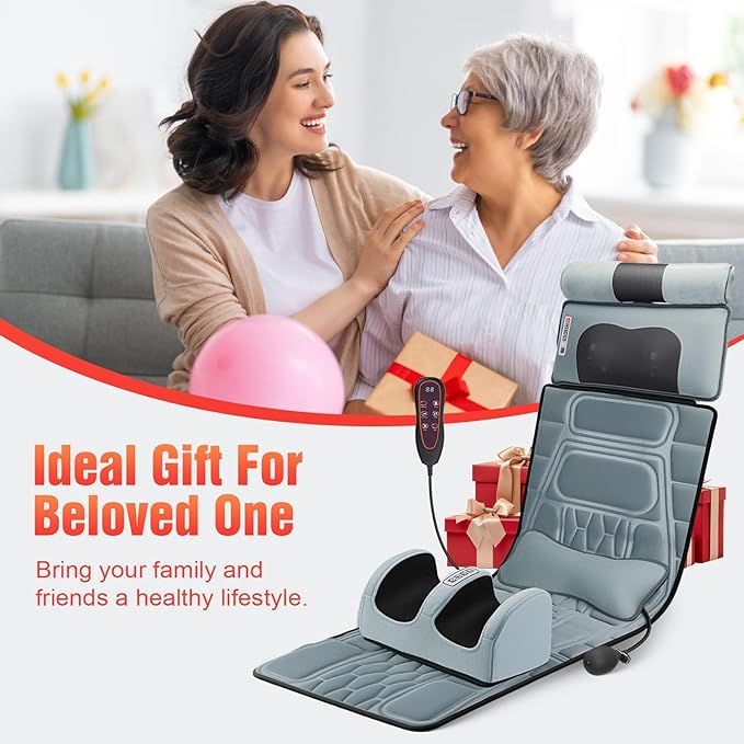 Full Body Massage Mat with Heat 12 Vibration Nodes Massage Chair Pad with 3 Heating Levels Multifunctional Full Body Flannel Seat Back Massager with Head Neck Foot Massage Pillow for Home Office