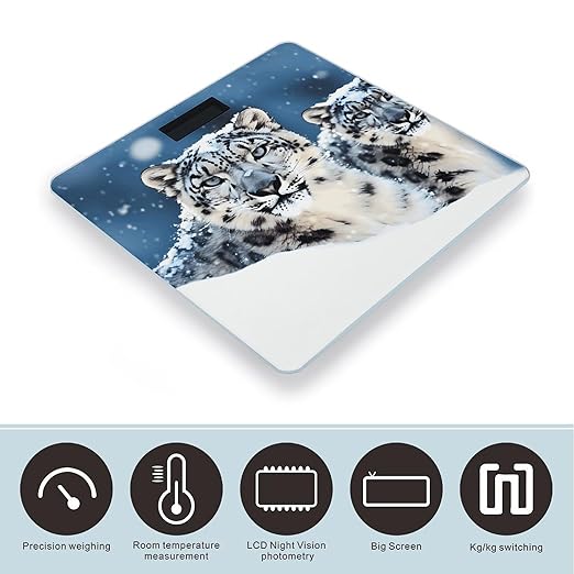 Blue Eyed Snow Leopard Scale for Body Weight Safe Rounded Corners Tempered Glass Digital Bathroom Scale LED Display 400lb Capacity Weight Scales with High Precision Sensors