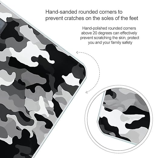 Black Grey White Camo Scale for Body Weight Safe Rounded Corners Tempered Glass Digital Bathroom Scale LED Display 400lb Capacity Weight Scales with High Precision Sensors
