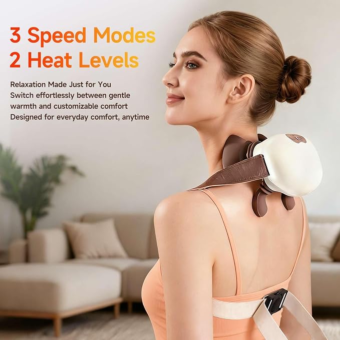 Neck and Shoulder Massager with Heat Palm-Style Kneading 3 Speeds Ergonomic Hands-Free Design Portable Massage Device for Home Office Travel