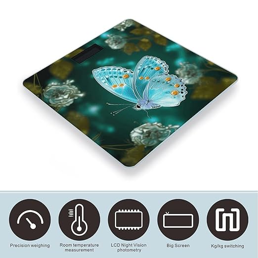Light Blue Butterfly Scale for Body Weight Anti-Slip Sturdy Tempered Glass Weighing Machine Highly Digital Accurate Bright LCD Bathroom Scale for Household Gift