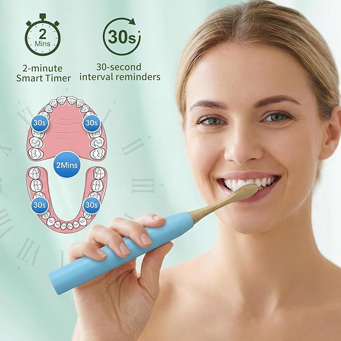 Bamboo Electric Toothbrush丨Rechargeable Electric Toothbrush with 4 Bamboo Heads Soft Castor Oil Bristles5 Moedes&amp3 Intensities 45 Days Battery Life IPX7 Waterproof-Light Blue