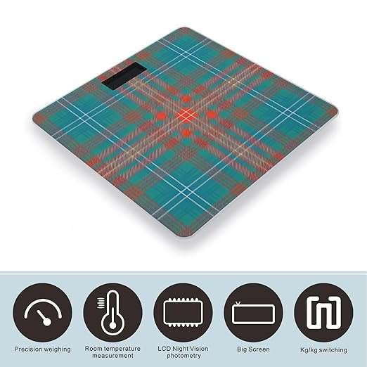 Digital Glass Plaid Orange Turquoise Check TartanBathroom Scale Scale for Body Weight Digital Bathroom Weighing Machine Battery Powered Measures Weight Up to 400 Lb Capacity