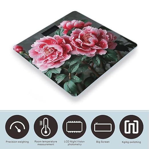 Beautiful Peony Flower Bathroom Scale for Body Weight Bathroom Digital Electronic Weighing Scale with Back Lit LED Display Sturdy Tempered Glass Weight Watchers Scales 400lb
