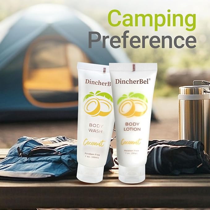 DincherBel Travel Size Body Wash and Body Lotion - Bulk Hotel Toiletries Supplies for Guests - Refreshing Tropical Coconut Scent Shower Gel and Body Cream for Men &amp Women (1 Fl Oz 100 Pack)