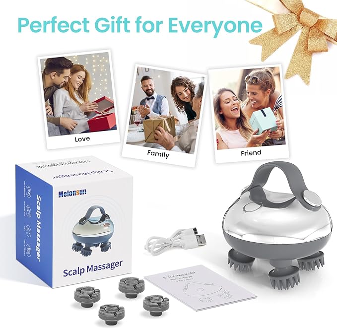 Electric Rechargeable Scalp Massager IPX7 Waterproof Electric Head Massager with 2 Interchangeable Heads (100 Anti-Tangle Scalp Nodes &amp 1000+ Facial Cleansing Dots) 3 Speeds &amp 2 Functions U