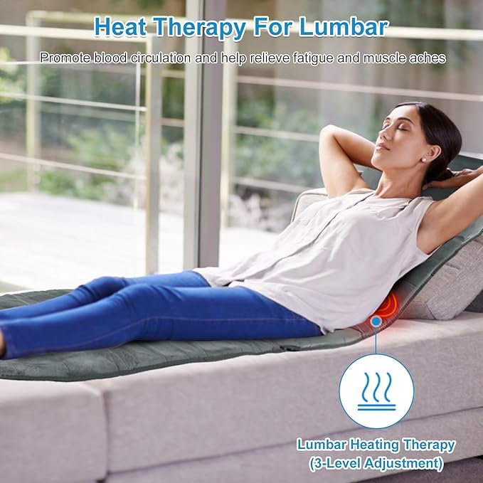 Full Body Massage Mat Electric Pad Cushion Heat Vibration Massage Pad with 10 Vibration Motors 3 Timers Inflatable Head Pillow Relax for Back Head Lumbar